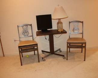 Chairs, TV Stand, Monitor, Lamp