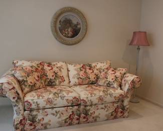 Ethan Allen Sofa, Floor Lamp, Rd Framed Art
