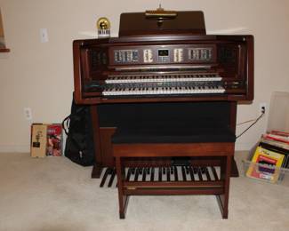 Lowrey Organ With Bench and Music Sheets and Records