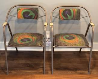 VINTAGE METAL ARMCHAIRS W PEACOCK UPHOLSTERY