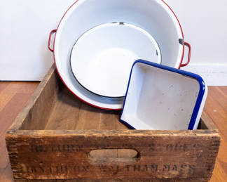 Lot 26: Raytheon Waltham Crate and Enamelware