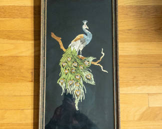 Lot 29: Vintage Framed Hand-Embroidered Peacock Folk Art