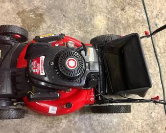 Troy-Bilt TB220 self-propelled 21-inch walk-behind mower with a 159cc OHV engine, rear bagger and variable-speed/self-propel drive.