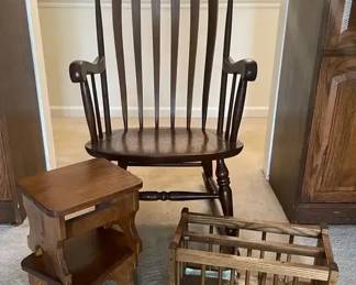 Vintage Nichols  Stone Solid Wood Rocking Chair, Handmade Wooden Magazine Rack  Stools