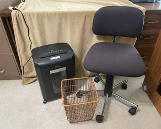 Ativa Paper Shredder, Small Rollie Office Chair, Cane Trash Bin