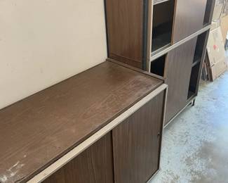 Two Matching Wood Veneer  Metal Trim Storage Cabinets