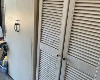 Locking White Metal Storage Cabinet and White Wood Laminate Storage Cabinet
