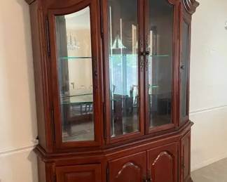 Large Dark Wood China Cabinet w Lights  Glass Shelves