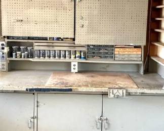 Tool Bench and Assorted Containers of Hardware