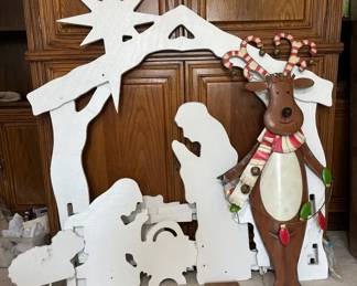 48 Painted Wooden Outdoor Nativity  Metal Reindeer Yard Decoration