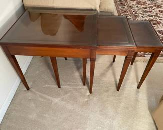 Vintage Midcentury Set of Three Wood Nesting Side Tables w Custom Glass Tops