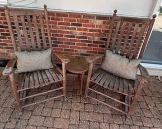 2 Vintage Wood Rocking Chairs with Round Wood Side Table
