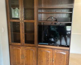 Two Oak Veneer BookcasesCabinets w Attached 28 Samsung SmartTV