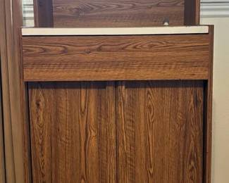 Vintage Laminate Wood Microwave Cart With Storage Cabinet On Wheels
