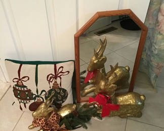 Lot 137: Decorative Mirror, Holiday Pillow, and Gold Reindeer Figurines