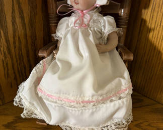 Lot 42: Porcelain Doll in White Dress and Bonnet