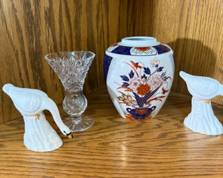 Lot 43: Porcelain Swan Figurines, Cut Glass Vase, and Floral Ceramic Vase