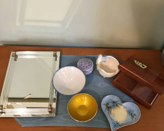 Lot 121: Decorative Mirror, Bowls, Trinket Dish, and Wooden Box