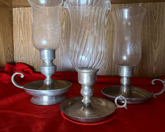 Lot 58: Set of Three Pewter and Glass Candle Holders
