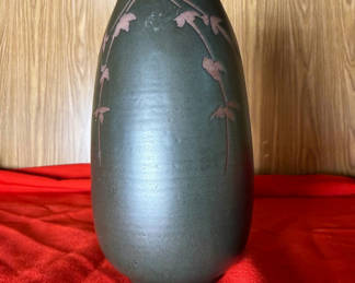 Lot 61: Black Ceramic Vase with Leaf Design