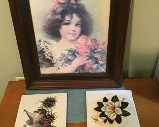 Lot 127: Framed Portrait Print and Decorative Floral Tiles