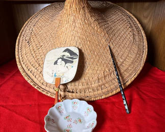 Lot 87: Woven Asian Hat, Decorative Fan, and Porcelain Bowl