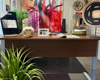Office First Systems Hydraulic Sit/Stand Desk; L shaped desk and matching file cabinet