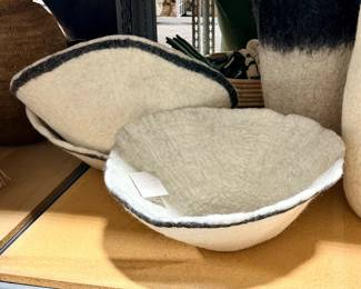 White felted wool basket/bowl with black stripe