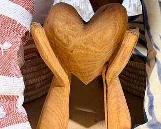 Hand carved palm wood heart with hands; various sizes