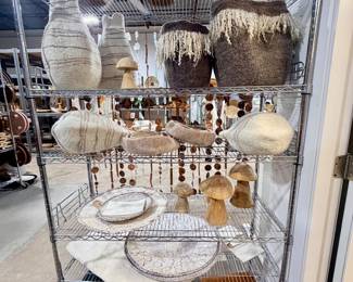 Wooden sculptures, felted wool baskets; hand woven baskets