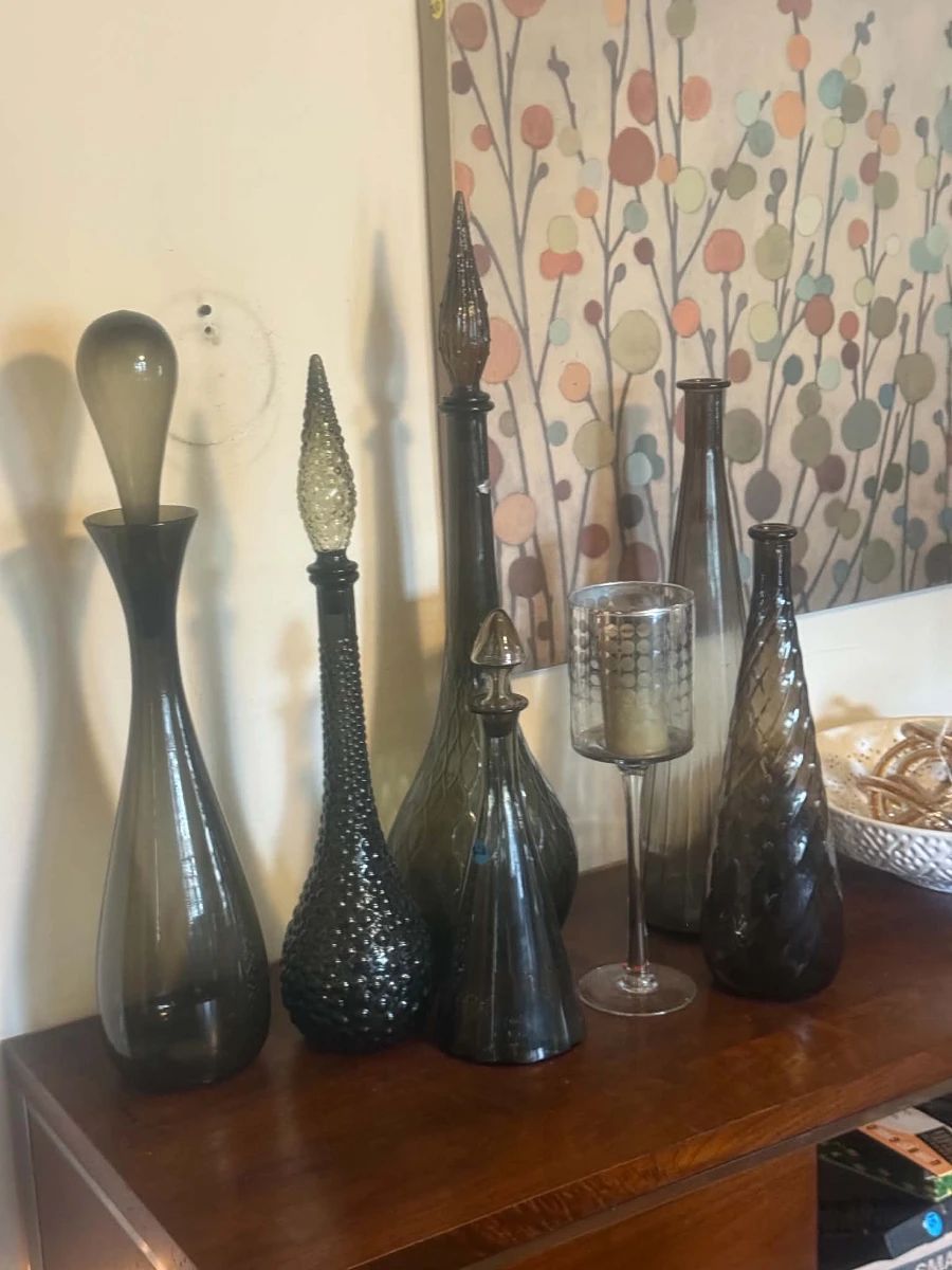Mid century genie bottles and glassware. Wall art
