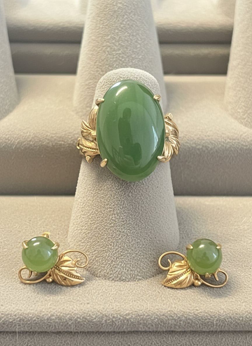 Vintage Jade and 18k Gold Jewelry Set