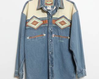 Shooter Western Denim Shirt with Faux Suede and Geometric Embroidery