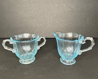 Fostoria Baroque Azure Blue Creamer and Sugar Set