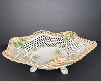 Italian Capodimonte Style Porcelain Woven Basket Bowl