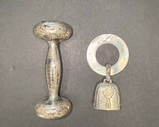 Vintage Sterling Silver Baby Rattle with Birth Record Charm by Webster