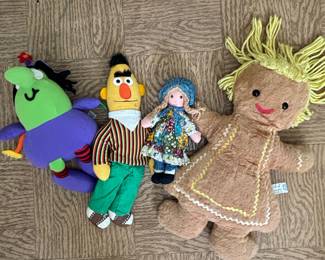 Vintage Plush Dolls - Bert, Witch, Floral Dress Doll, Gingerbread Doll