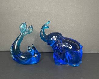 Vintage Cobalt Blue Art Glass Elephant and Whale Figurines