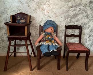 Vintage Folk Art Doll Furniture and Cloth Doll