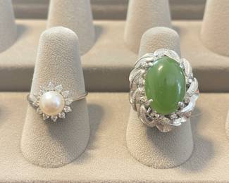 18k Gold Pearl and Jade Rings