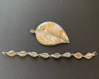Vintage Taxco Mexican Sterling Silver and Abalone Leaf Link Bracelet and Brooch