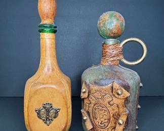 Vintage Italian Leather Wrapped Decanter Set with Heraldic Emblems