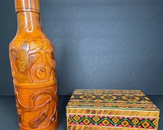 Hand-Carved Wooden Bottle Holder with Geometric Marquetry Box