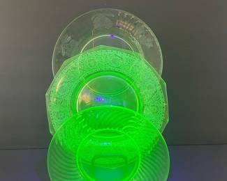 Vintage Uranium Glass Plates - Federal Georgian Lovebirds, Anchor Hocking Spiral, and Unknown Floral