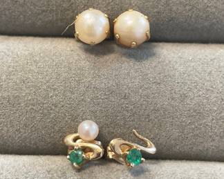 Vintage 14k Gold Pearl and Emerald Earrings