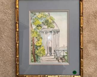Watercolor Painting of Garden Gazebo in Faux Bamboo Frame