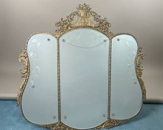 Vintage Rococo Style Tri-Fold Vanity Mirror with Etched Grape Vines
