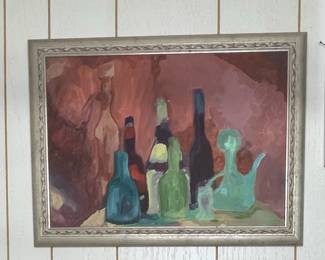 Still Life Oil Painting of Bottles and Architectural Watercolor