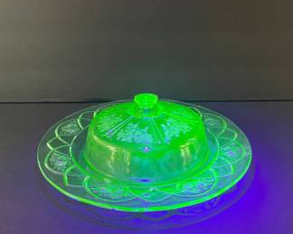 Jeannette Glass Rose Pattern Uranium Glass Butter Dish
