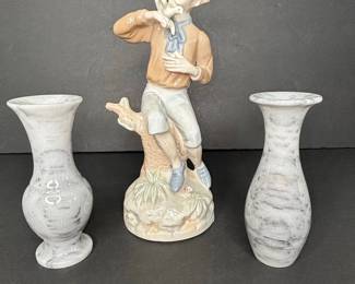 Ardalt Artware Porcelain Figurine of a Boy with Bird and Marble Vases